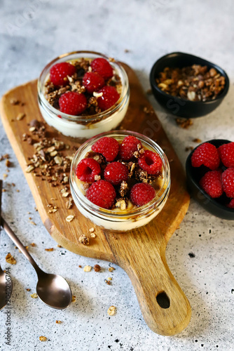 healthy dessert with yogurt and raspberries