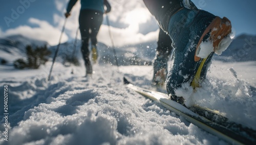 Low-angle view of two people ski touring uphill through snowy terrain
