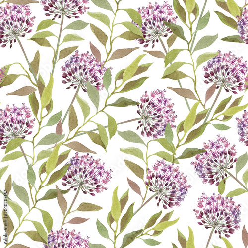 seamless pattern with pink flowers Allium and leaves
