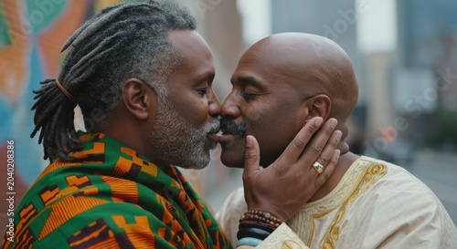 Affectionate senior Black gay couple sharing a tender kiss outdoors