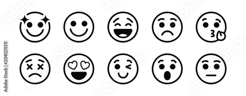 Foto Ten black and white simple line emoji faces showing different emotions emoticon