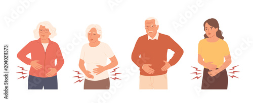 Four people of different ages experiencing abdominal pain with red lightning bolt symbols stomach ache