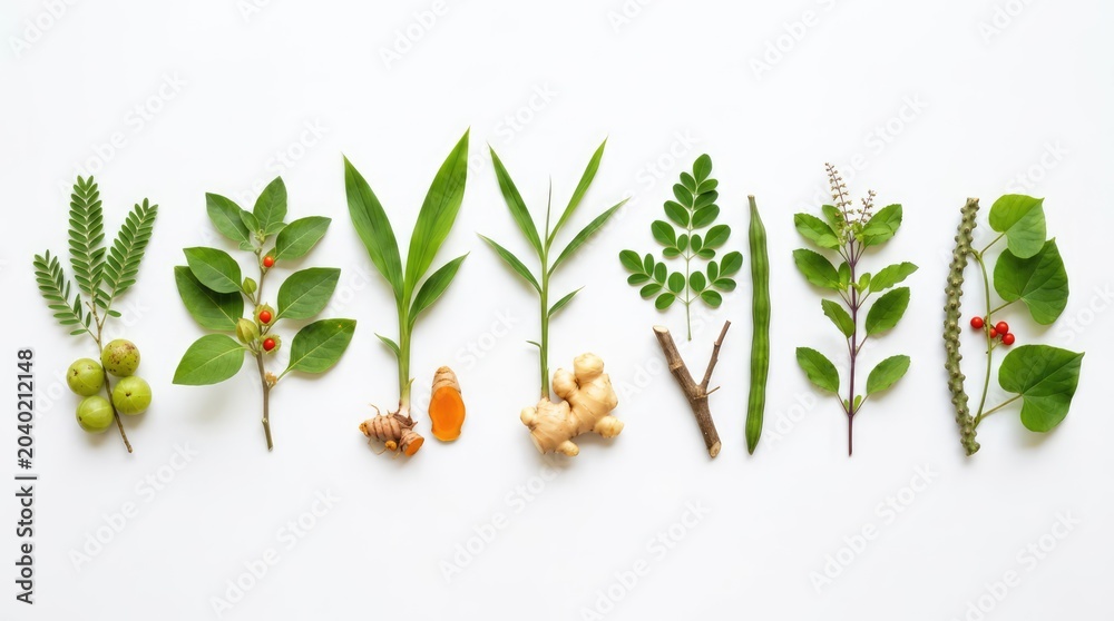 Obraz premium A collection of various medicinal herbs and roots neatly arranged on a white background, showcasing nature's bounty for health and wellness