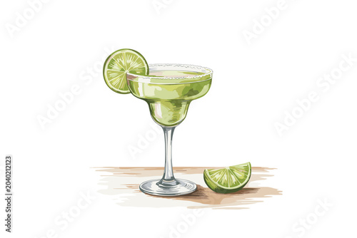 Εκτύπωση καμβά Green margarita cocktail in a stemmed glass with lime slices on a wooden surface