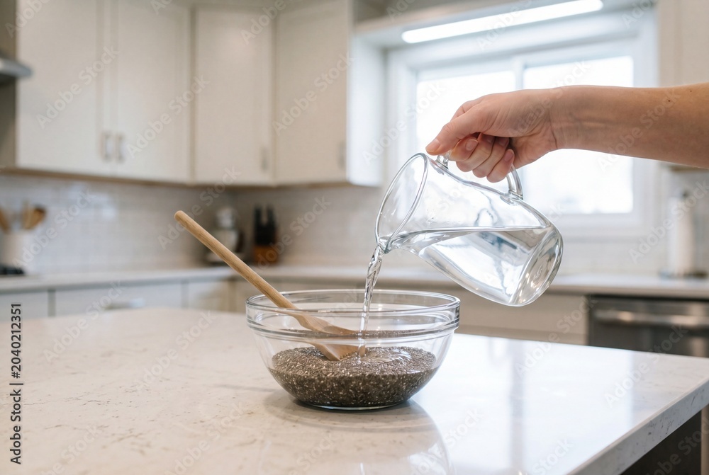 Fototapeta premium Healthy Food Preparation Pouring Water into Chia Seeds in a Modern Kitchen