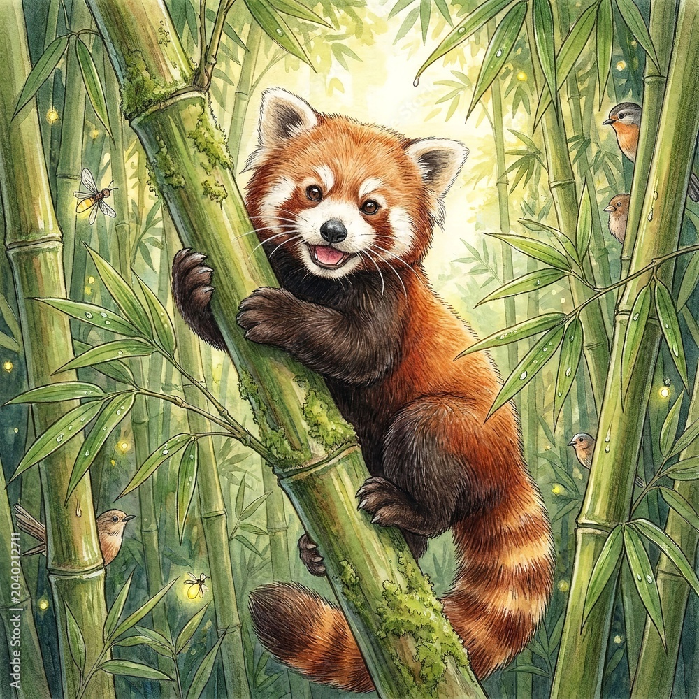 Obraz premium Red panda climbing bamboo forest in golden sunlight with playful expression
