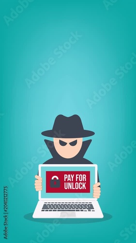 Ransomware Cyber Attack Concept – Hacker Demanding Payment to Unlock Laptop, Malware Cybercrime, Data Encryption Extortion, Cybersecurity Threat