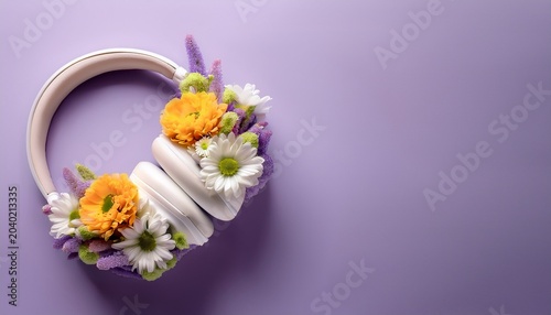 modern headphones with ear cushions made of blooming summer flowers on pastel lavender background in relaxing nature concept