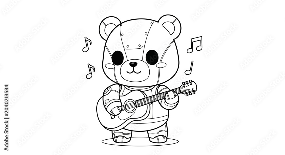 Fototapeta premium Cute robot teddy bear playing acoustic guitar with musical notes floating around, black and white outline illustration