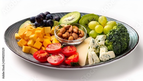 top view of plate with variety of vegetables fruits and cheese isolated on white background
