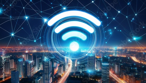 wi fi network signal over cityscape at night internet connection concept