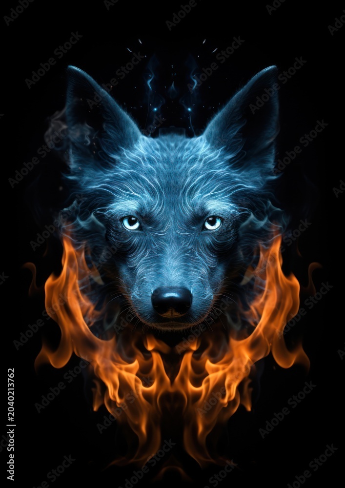 Naklejka premium Blue dog fire flame animal mammal wolf.