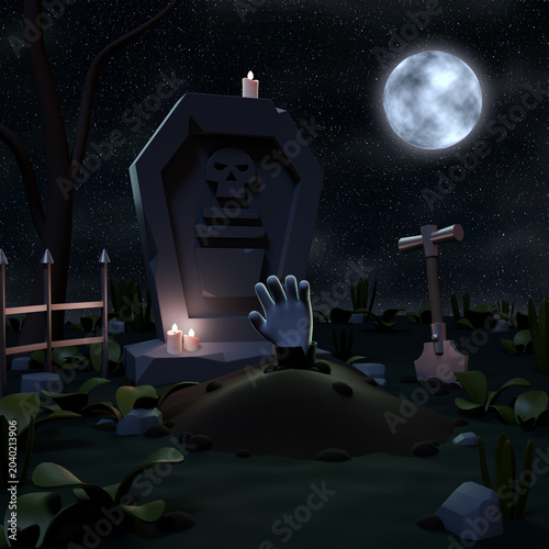 3D Halloween illustration with tombstone and zombie hand.