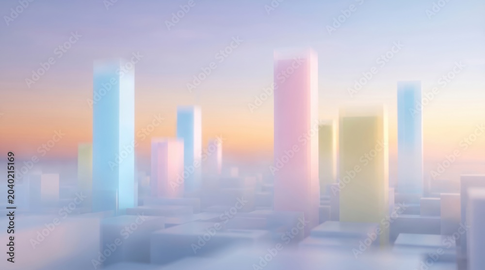 Fototapeta premium Futuristic abstract skyscraper cityscape towers in soft pastel haze with architecture skyscraper building