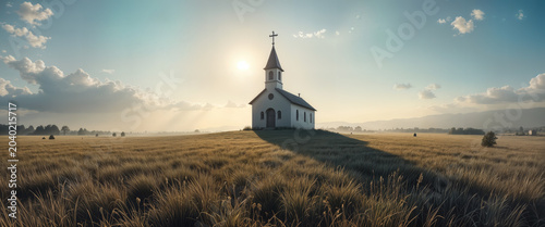 Sunrise over serene church in a scenic field captured landscape photography tranquil atmosphere