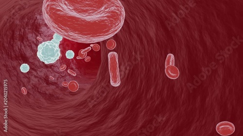 Red Blood Flow with Erythrocytes and Leukocytes in Human Circulatory System – Red and White Blood Cells Streaming Through Artery, 3D Render Loop