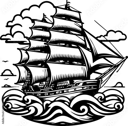Canvastavla Intricate Nautical Galleon Ship Vector Icon with Stylized Ocean Waves and Stormy