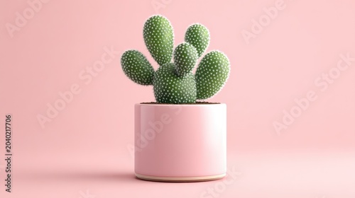 A Fluffy Green Cactus in a Pink Pot on a Pink Background.