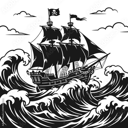 Bild auf Leinwand Pirate Ship Sailing Through Stormy Seas with Jolly Roger Flag