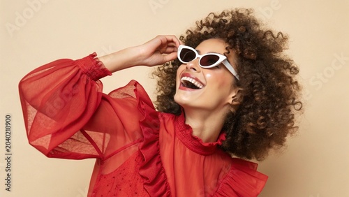 Fashionable Woman in Bold Red Outfit and Cat-Eye Sunglasses