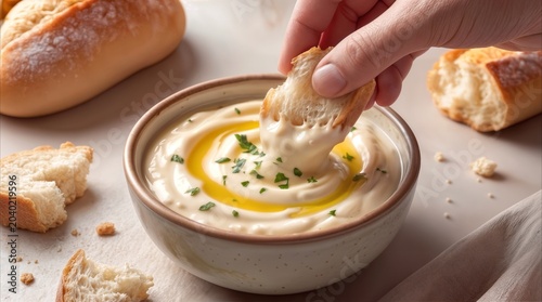Dipping crusty bread into bowl of creamy hummus topped with olive oil and parsley. Appetizer serving for healthy snack or meal.