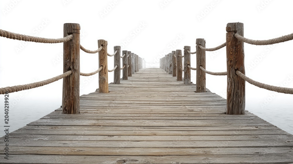Naklejka premium Wooden Boardwalk Path Leading into Misty Horizon.