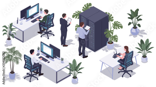 Isometric office scene with people working at computers and near server rack