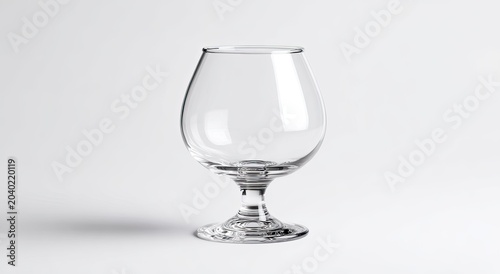 A clear empty brandy snifter glass isolated on a white background.