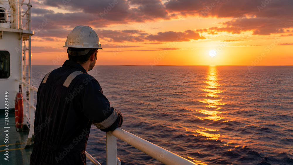 Fototapeta premium Seafarer watching sunset from vessel deck reflecting dedication resilience and maritime service on Day of the Seafarer