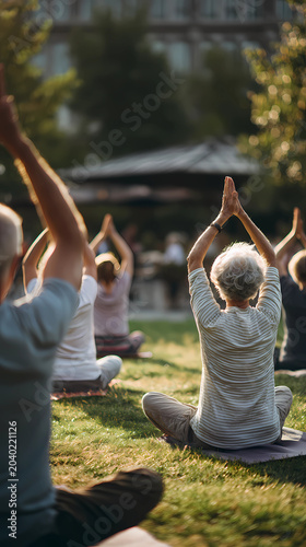 Diverse group of senior citizens doing yoga in a park, focus on the poses and the grass, Generative AI illustrations.
