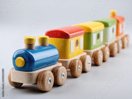 Colorful Wooden Toy Train with Multiple Cars on a White Background.