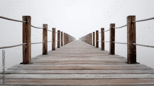 Wooden Boardwalk Pier Stretching into Misty Horizon.