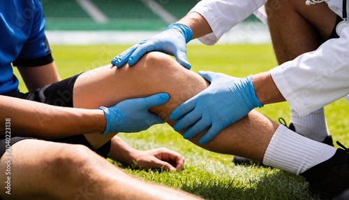 A medic in blue gloves examines a soccer player's injured knee on a grassy field after an accident.