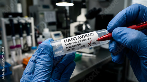 Close-up of a gloved hand holding a blood sample vial, blood test tube with a negative result for the Hantavirus Sin Nombre antibody test in a laboratory background.
