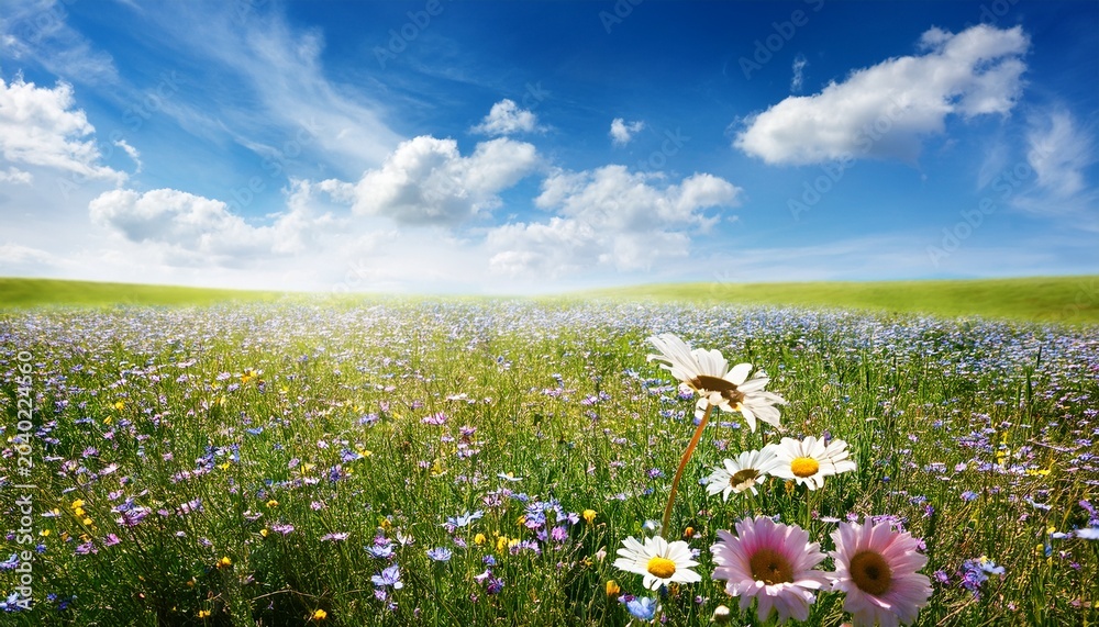 Fototapeta premium meadow with flowers and blue sky in spring