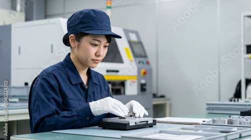 工場で治具を用いて精密機器の組み立てを行う日本人女性の作業員