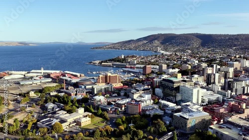 Scenic Hobart city waterfront on Derwent river downtown architecture aerial urban view.