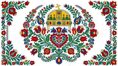 Konstfotografi Hungarian Folk Art Embroidery with Crown and Floral Motifs