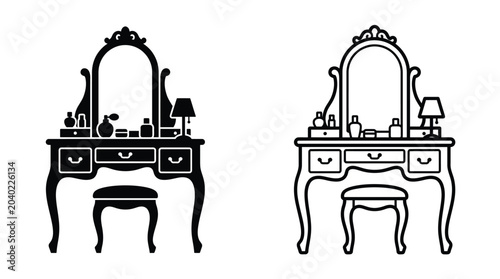 Dresser With Mirror And Accessories Black Silhouette Design