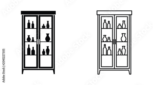 Принти на полотні Display cabinet silhouette with glassware black and white line art
