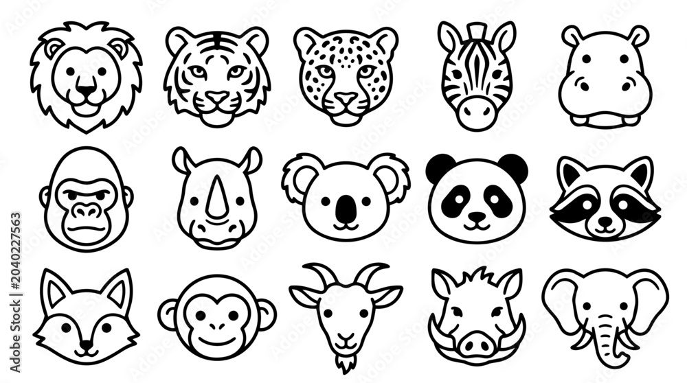 Obraz premium Set of fifteen cute animal head outlines