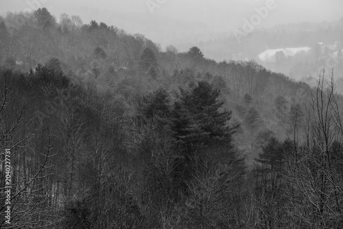 Layers of a winter landscape as snow falls over the tree-covered mountains.