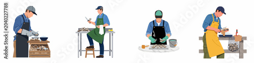 Konstfotografi Set of illustrations depicting professional oyster shuckers at work, featuring various techniques, tools, and settings for preparing fresh seafood