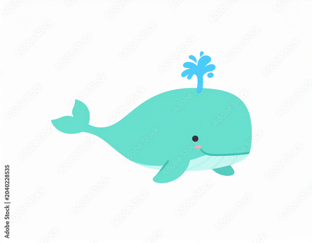 Fototapeta premium Charming Flat Design Blue Whale with Water Spout, Minimalist Cartoon Style.