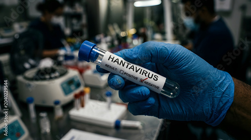 Close-up of a gloved hand holding a blood sample vial, blood test tube with a negative result for the Hantavirus Sin Nombre antibody test in a laboratory background.