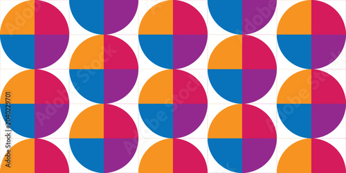 Abstract seamless pattern with colorful circles divided into four quarters on a white background.