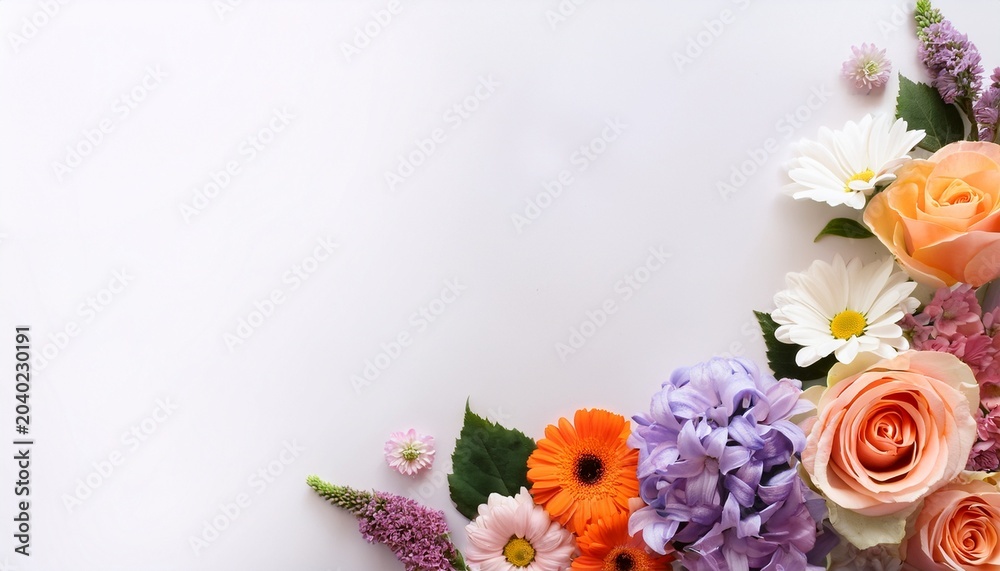 Fototapeta premium assorted pastel roses daisies and purple flowers arranged on white background with copy space pink orange flowers with green leaves for card or invitation