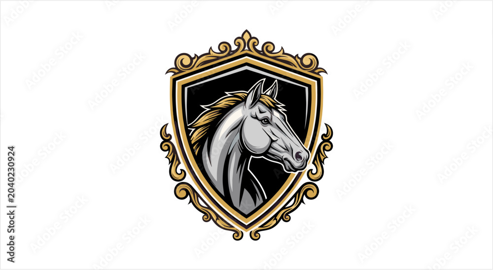 Obraz premium Elegant Horse Head Emblem with Ornate Golden Frame.