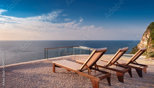 tranquil seascape vista with deck chairs and serene ocean viewpoint