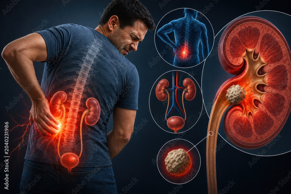 Naklejka premium Man Suffering from Kidney Stone Pain with Anatomical Illustration of Renal Calculus Obstruction